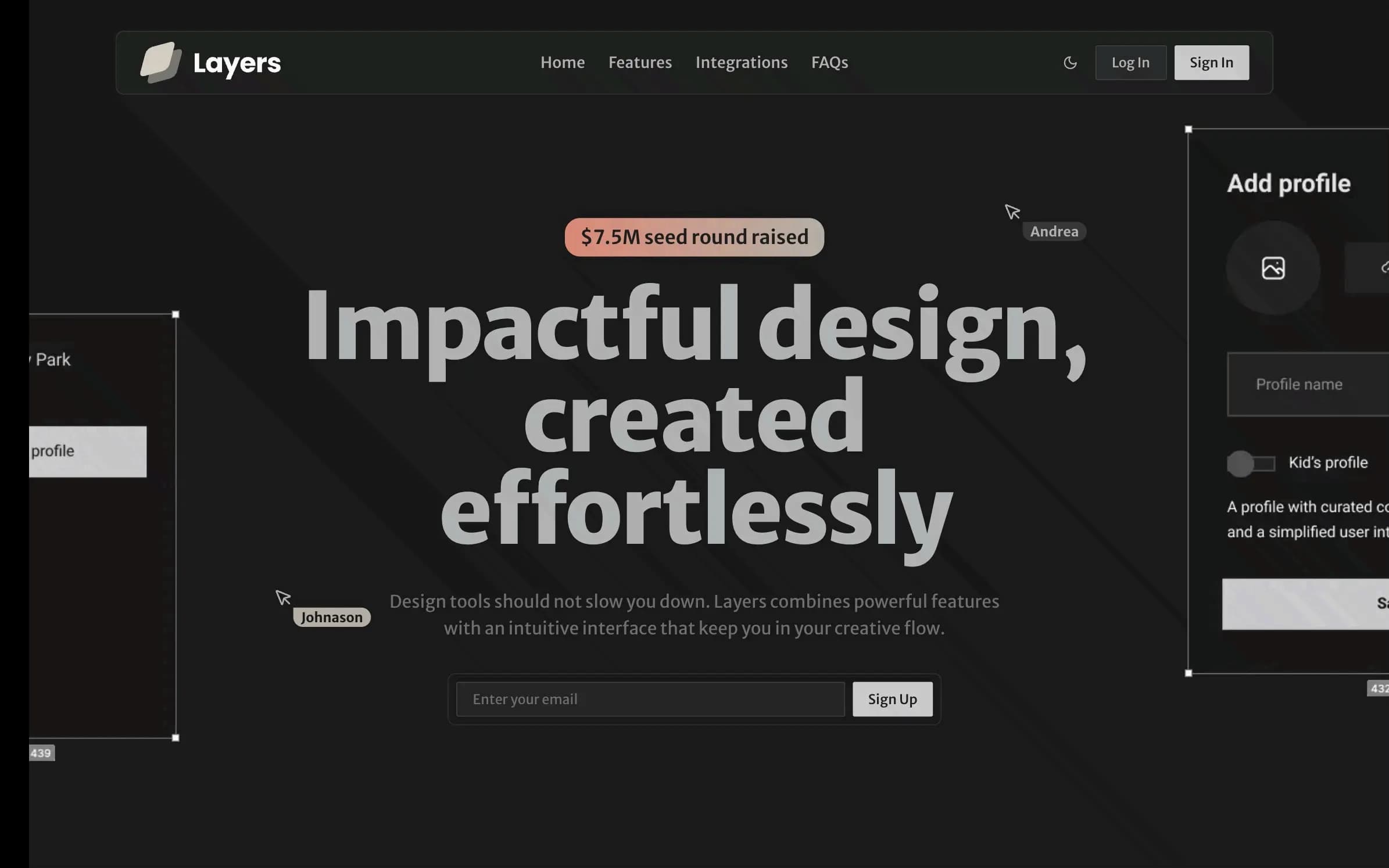 Layers screenshot showing a collaborative design-tool landing page concept.