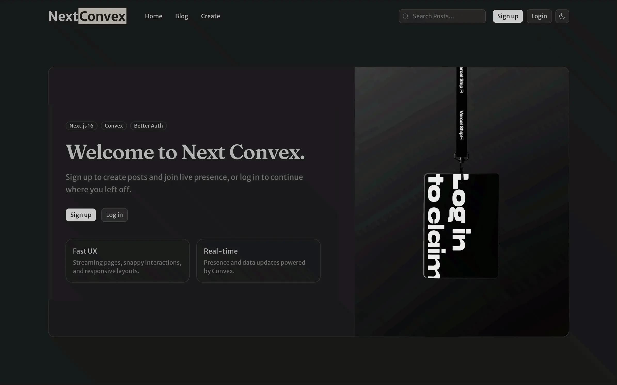 Next Convex screenshot showing the onboarding home page and interactive tag.